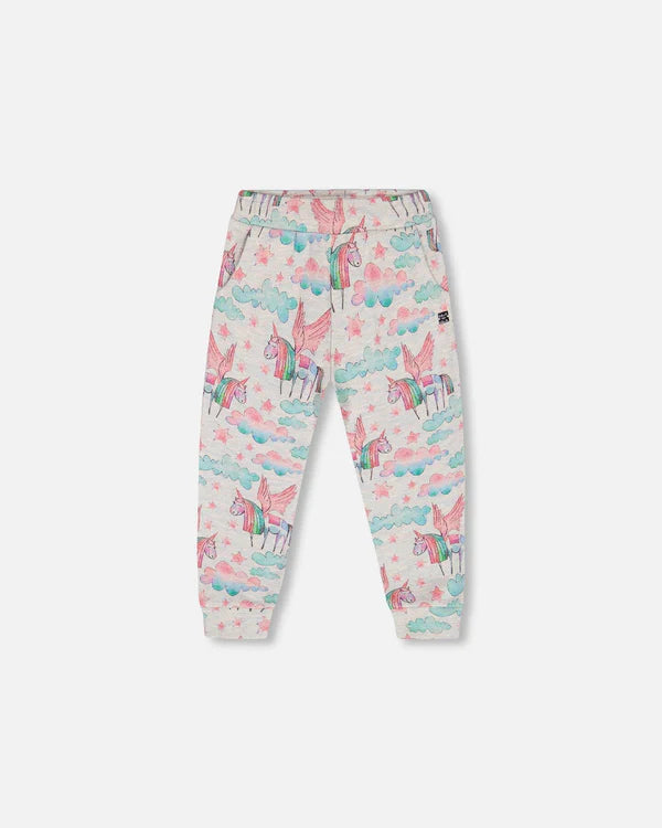 Shiny French Terry Sweatpants Gray Mix Printed Unicorn