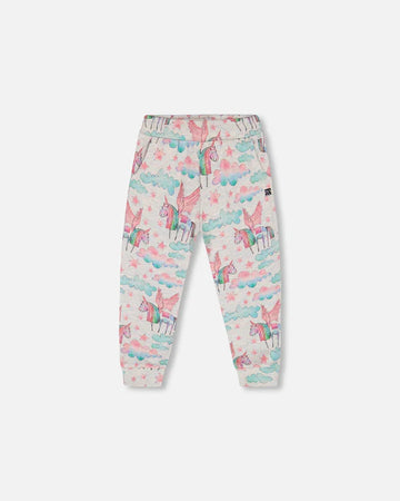 Shiny French Terry Sweatpants Gray Mix Printed Unicorn