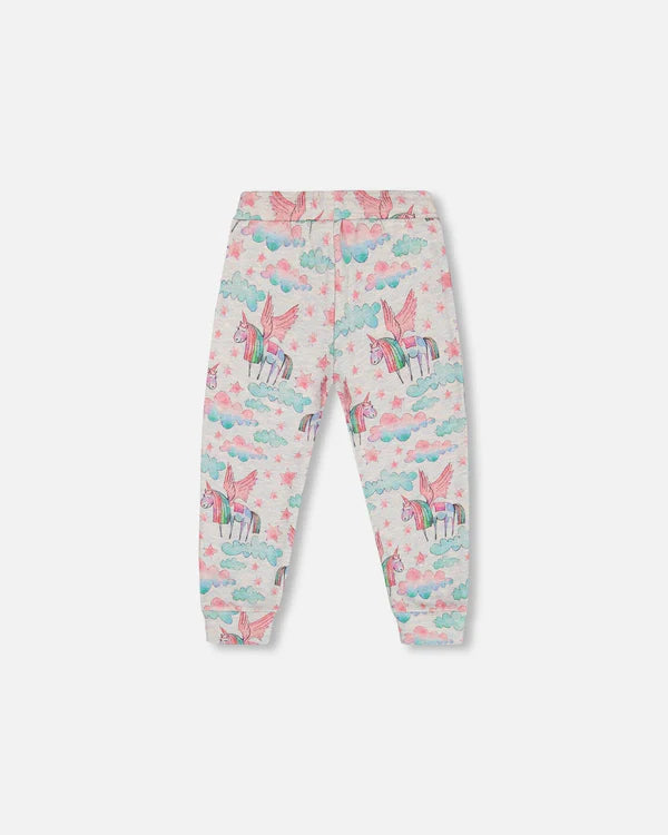 Shiny French Terry Sweatpants Gray Mix Printed Unicorn