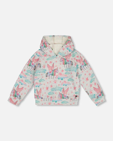 Printed Shiny French Terry Hoodie Gray Mix Printed Unicorn