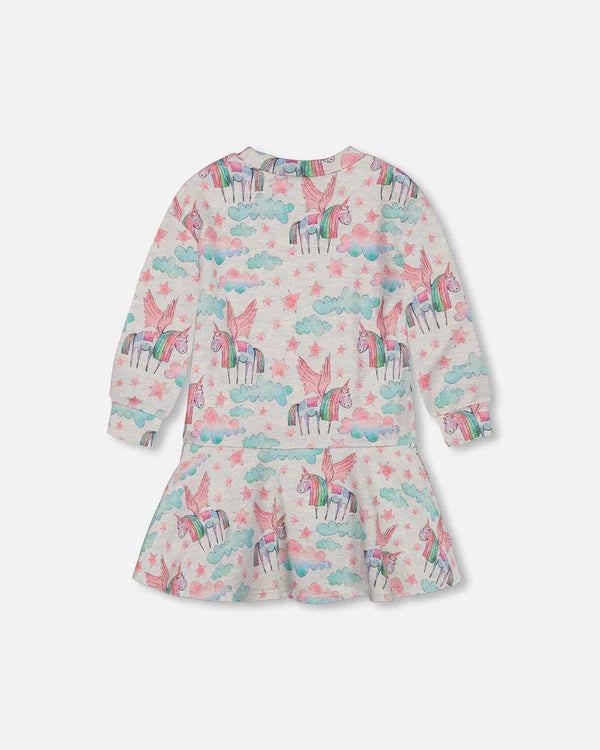 Printed Shiny French Terry Dress Gray Mix Printed Unicorn