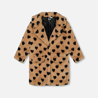 Faux Fur Long Coat Caramel Printed Heart