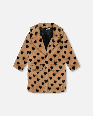 Faux Fur Long Coat Caramel Printed Heart