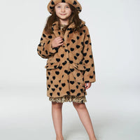 Faux Fur Long Coat Caramel Printed Heart