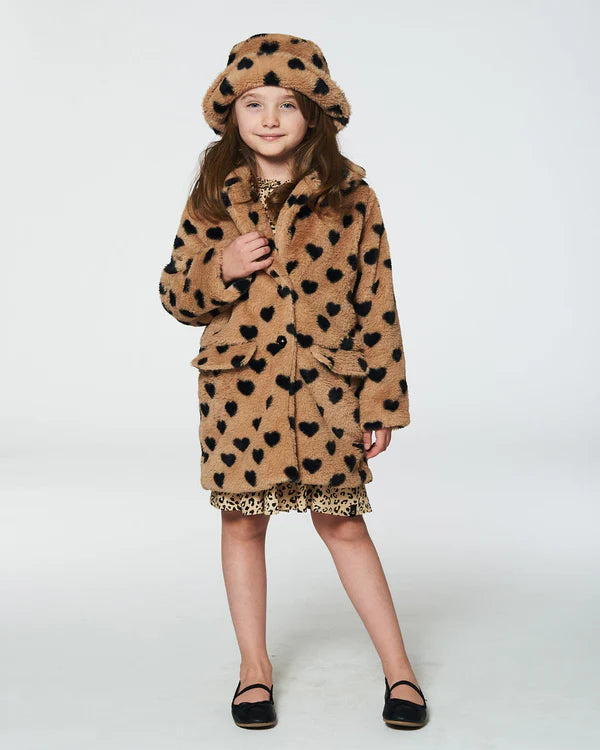 Faux Fur Long Coat Caramel Printed Heart