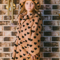 Faux Fur Long Coat Caramel Printed Heart