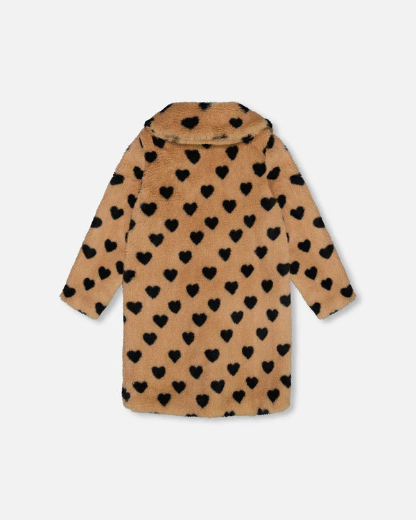 Faux Fur Long Coat Caramel Printed Heart