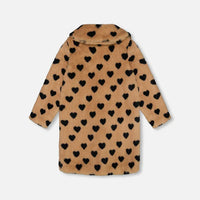 Faux Fur Long Coat Caramel Printed Heart