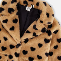 Faux Fur Long Coat Caramel Printed Heart