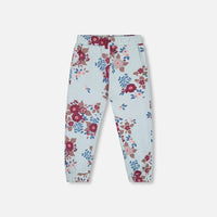 Fleece Sweatpants Light Blue Printed Big Flowers