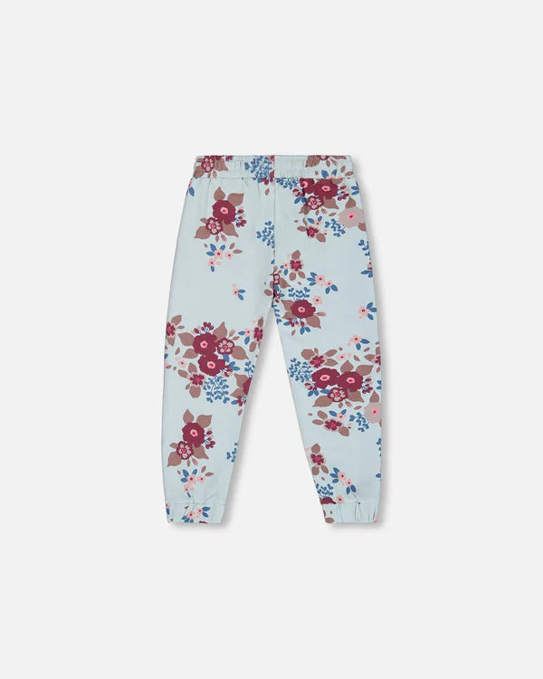 Fleece Sweatpants Light Blue Printed Big Flowers