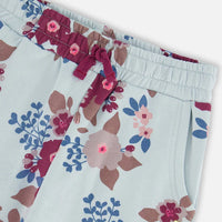 Fleece Sweatpants Light Blue Printed Big Flowers