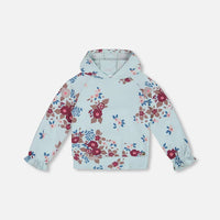 Fleece Hoodie Light Blue Printed Big Flowers