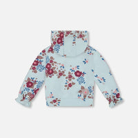 Fleece Hoodie Light Blue Printed Big Flowers