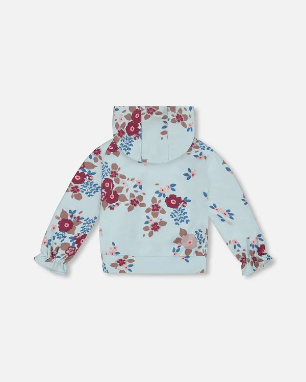 Fleece Hoodie Light Blue Printed Big Flowers