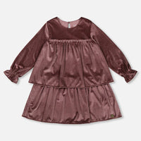 Long Sleeve Metallic Dress With Frills Burgundy