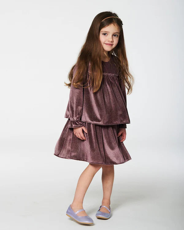 Long Sleeve Metallic Dress With Frills Burgundy