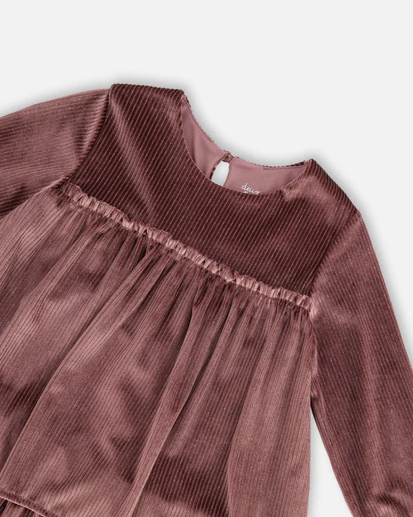 Long Sleeve Metallic Dress With Frills Burgundy