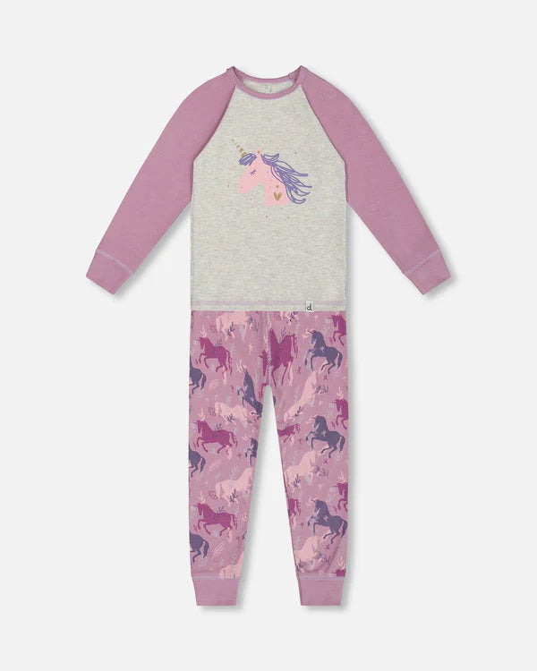 Organic Cotton Two Piece Pajama Set Mauve Printed Unicorns