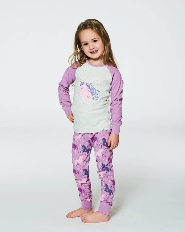 Organic Cotton Two Piece Pajama Set Mauve Printed Unicorns