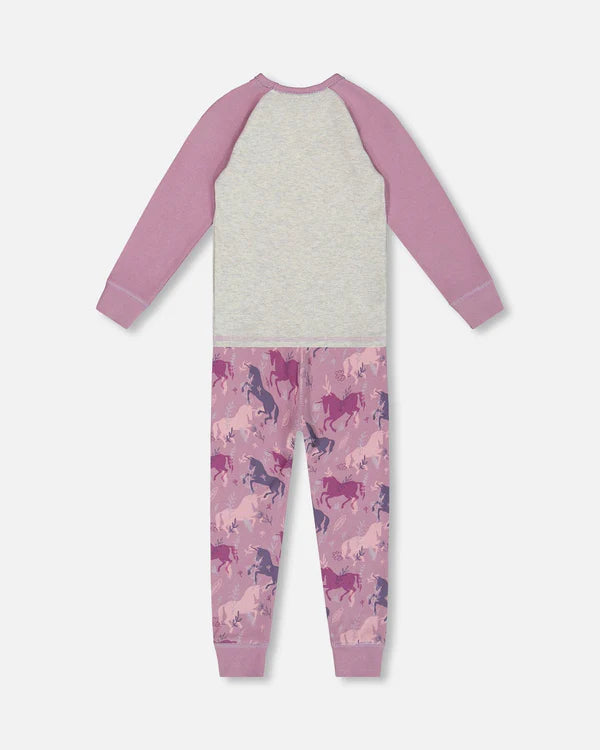 Organic Cotton Two Piece Pajama Set Mauve Printed Unicorns