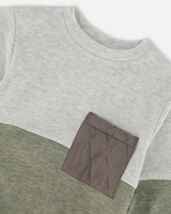 Super Soft Colorblock Top With Quilted Pocket Gray And Sage