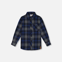 Button Down Flannel Shirt With Pocket Plaid Navy And Gray