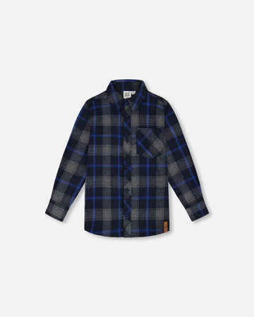 Button Down Flannel Shirt With Pocket Plaid Navy And Gray