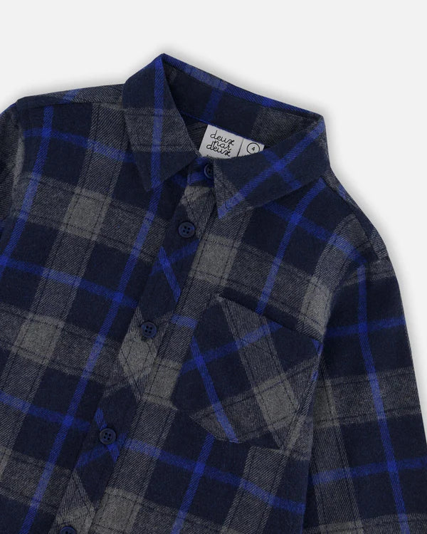 Button Down Flannel Shirt With Pocket Plaid Navy And Gray