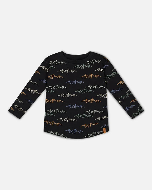 Long Sleeve Printed T-Shirt Black Printed Mountains