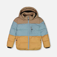 Puffy Jacket Taupe, Blue And Golden Brown