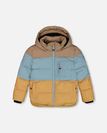 Puffy Jacket Taupe, Blue And Golden Brown