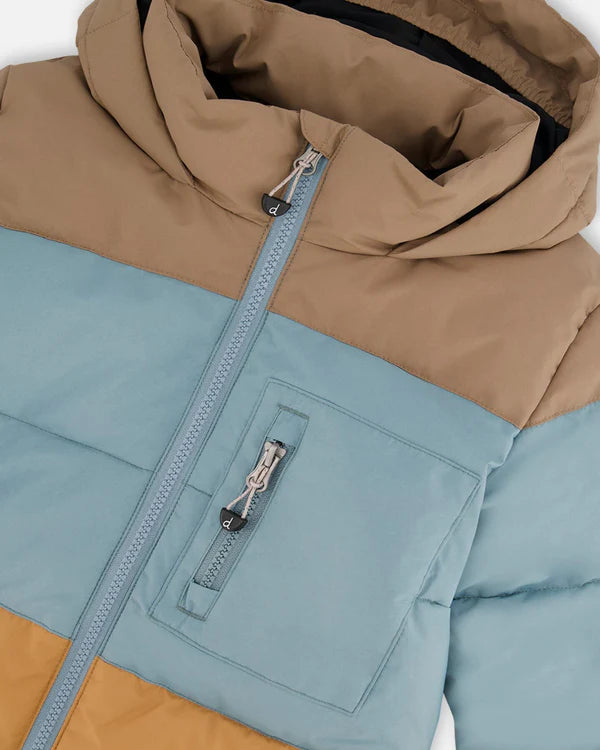 Puffy Jacket Taupe, Blue And Golden Brown