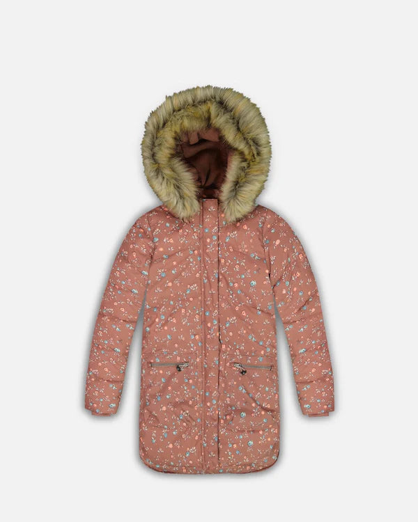 Puffy Long Coat Dusty Pink With Small Flowers