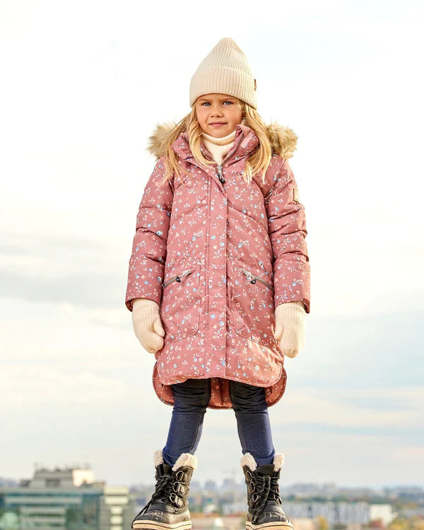 Puffy Long Coat Dusty Pink With Small Flowers