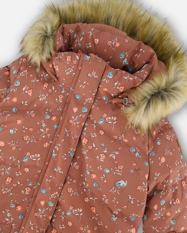 Puffy Long Coat Dusty Pink With Small Flowers