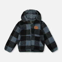 Reversible Sherpa Jacket Blue And Black Plaid