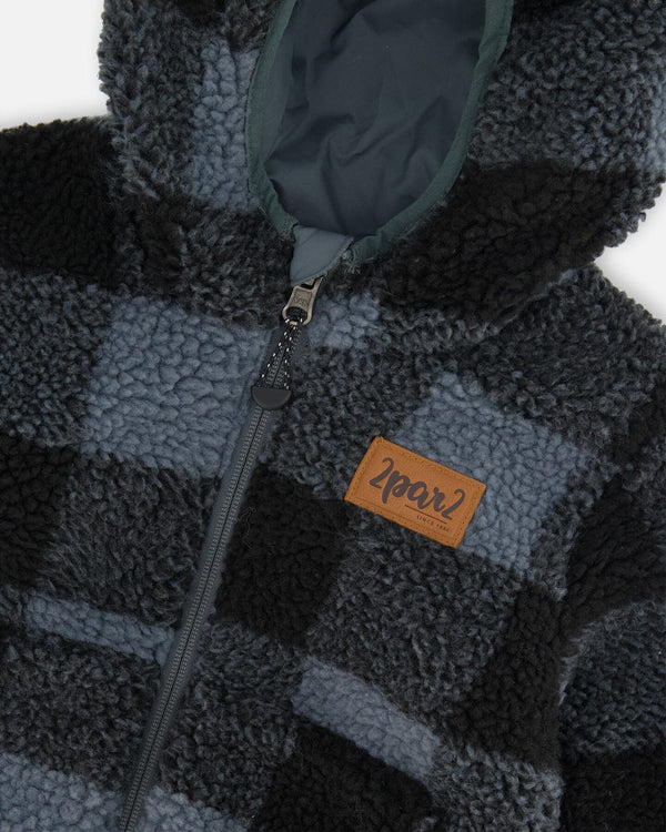 Reversible Sherpa Jacket Blue And Black Plaid