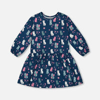 Printed Long Sleeve Dress Navy Blue With Kitten