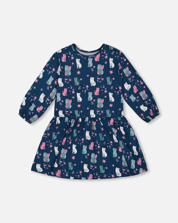 Printed Long Sleeve Dress Navy Blue With Kitten