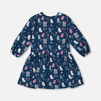 Printed Long Sleeve Dress Navy Blue With Kitten