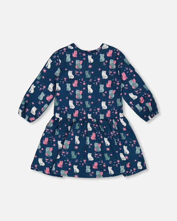 Printed Long Sleeve Dress Navy Blue With Kitten