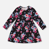 Printed Roses Dress With Pockets Black