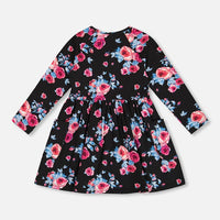 Printed Roses Dress With Pockets Black