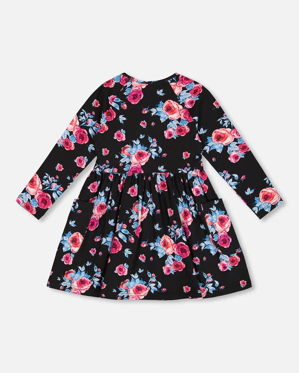 Printed Roses Dress With Pockets Black