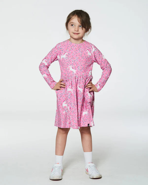 Printed Unicorn Dress With Pockets Pink