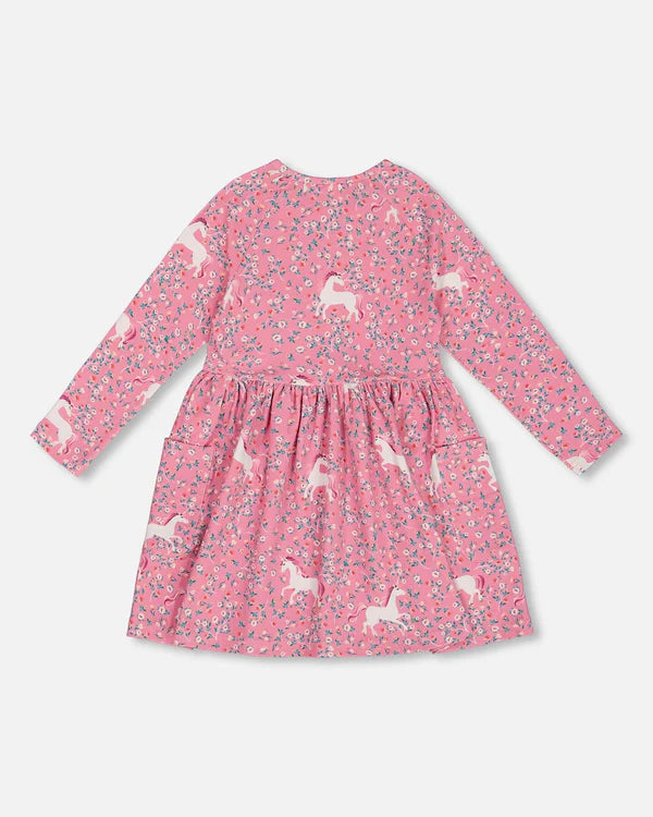 Printed Unicorn Dress With Pockets Pink