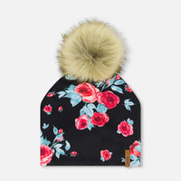 Jersey Detachable Pompom Hat Black Printed Roses