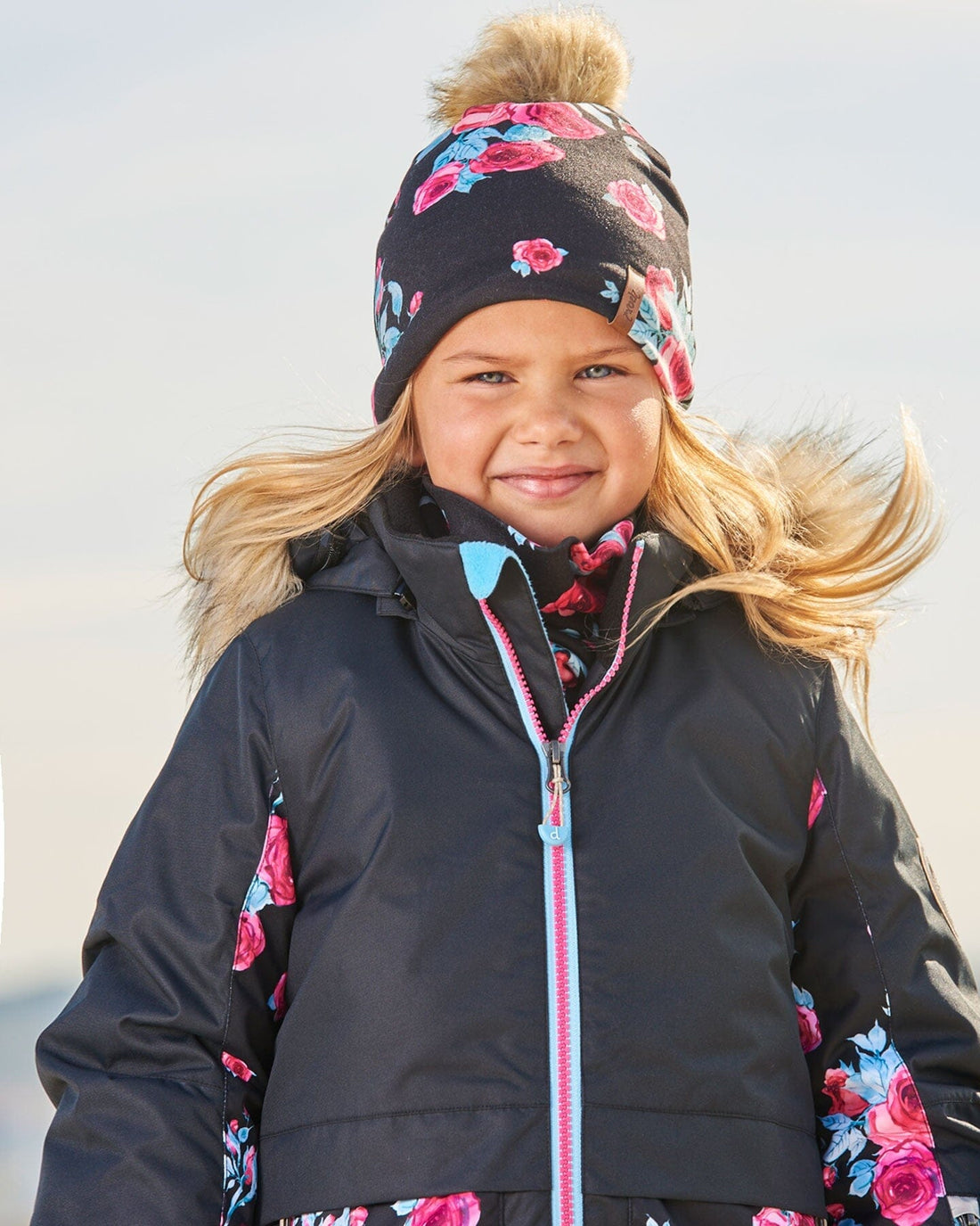 Jersey Detachable Pompom Hat Black Printed Roses