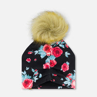 Jersey Detachable Pompom Hat Black Printed Roses